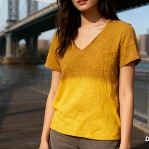 Double Zero Yellow Ombre V-Neck Pocket Tee Size L Cotton Casual T-Shirt